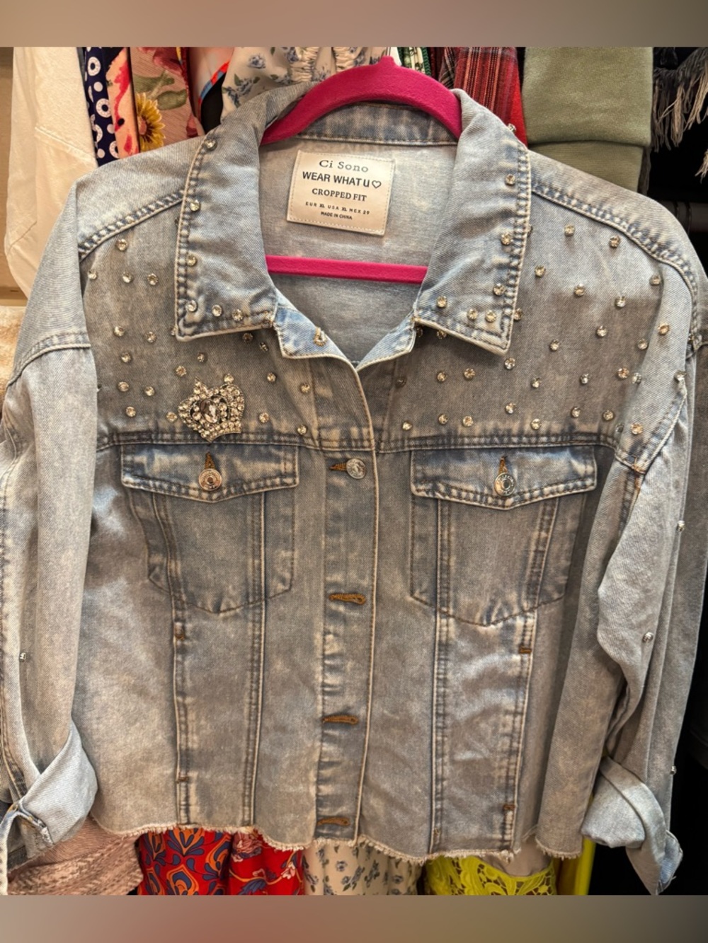 Ci Sono Light Wash Denim Jacket with Rhinestone Embellishments